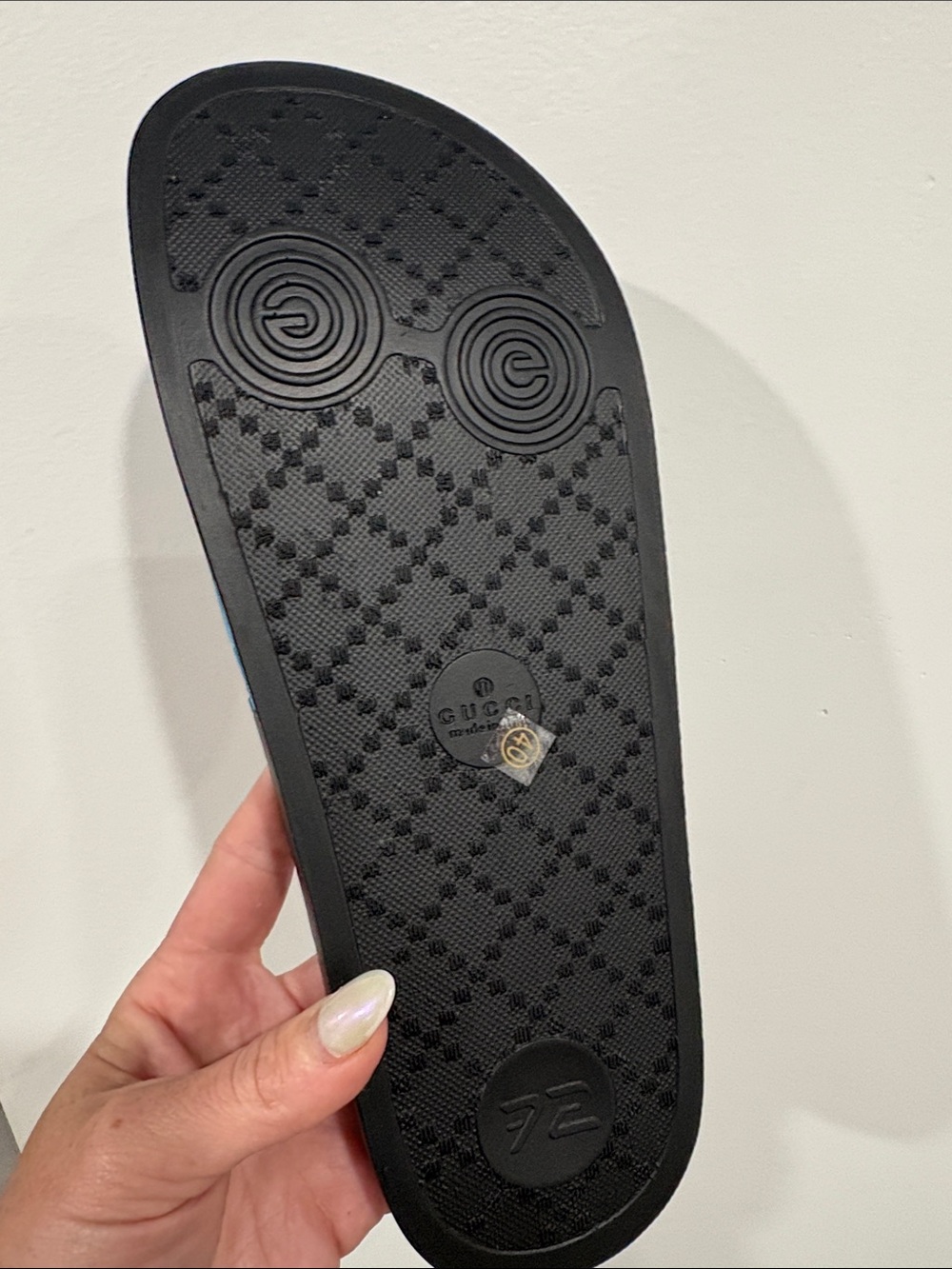 Fashion Sandals- Black Slide Sandals with Blue Floral Strap - Picture 4 of 4